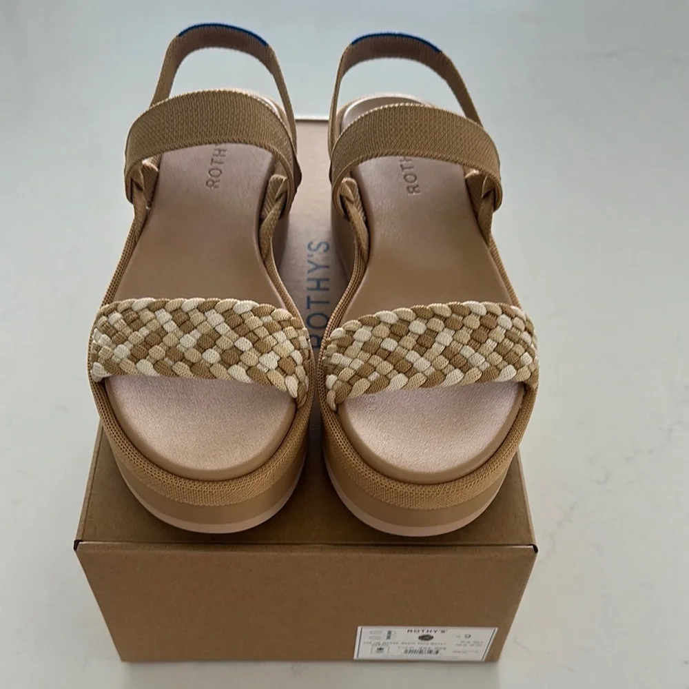 Rothy's Tan and Cream Braided Strap Platform Sandals